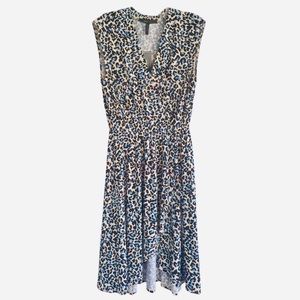 BCBG MaX Azria Cap Sleeve V Neck Dress, Cadet BLUE Leopard Faux Wrap Hi Low Hem